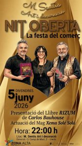 A M. Sentís ART I DECORACIÓ, camp de mart, 1 de Lleida dins de LA NIT OBERTA DEL COMERÇ DE LA ZONA ALTA DE LLEIDA
Presentació del llibre d´acudits il·lustrats amb IA, titulat RIZUM ( Autor Carles Bahuose, pròleg Xema Solé Solá )
 (Carles Bauhouse i Xema Solé Solá)  a Lleida - espectacles de de carrer - que fer avui - que fer amb nens aquest cap de setmana - espectacles infantils